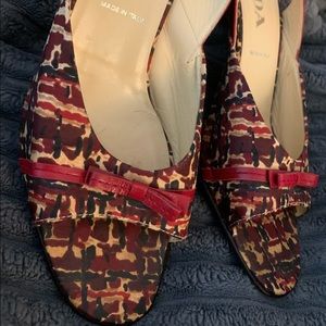 Prada red leather & satin vintage pattern square kitten heel sling backs 6.5